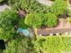 Aerial view of a property with a pool surrounded by lush greenery and mature trees, showing community layout at 904 Bridge Se Ln, Smyrna, GA 30082