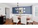 Cozy dining room with white chairs, wood table, modern chandelier, wainscoting, and blue walls at 3514 Ethridge Nw Ln, Kennesaw, GA 30144