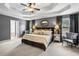 Spacious primary bedroom featuring tray ceilings, neutral carpet, and dark curtains at 4092 Grand Park Dr, Suwanee, GA 30024