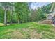 Scenic view of the lush green backyard with retaining wall and mature trees near a pond at 4826 Dean Sw Ln, Lilburn, GA 30047