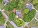 An aerial view shows this home surrounded by mature trees on a large grassy lot in a quiet neighborhood at 30 Stonewall Dr, Covington, GA 30016