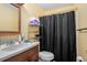 Bathroom featuring vanity, toilet and shower with dark shower curtain at 325 N Oakland Cir, Mcdonough, GA 30253