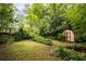 Lush backyard featuring a shed, mature trees, and green grass at 364 Brooks Ne Ave, Atlanta, GA 30307