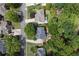 An aerial view exhibits a neighborhood street lined with well-kept lawns, mature trees, and neatly arranged homes at 3004 High Vista Walk, Woodstock, GA 30189
