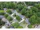 An aerial view shows houses surrounded by lush greenery and mature trees in a beautiful residential neighborhood at 3004 High Vista Walk, Woodstock, GA 30189