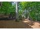 Secluded backyard area featuring a cozy fire pit, surrounded by mature trees and beautiful landscaping at 3004 High Vista Walk, Woodstock, GA 30189