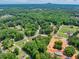 A wide aerial view of a lush 1.2-acre property with a lovely house surrounded by greenery and other homes at 7619 Campground Rd, Cumming, GA 30040