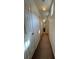 Hallway with neutral carpet leads to an open doorway and features a light fixture and white doors at 218 Osmanthus Way, Canton, GA 30114