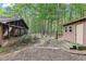 View of backyard featuring screened-in back porch, storage shed, and wooded surroundings at 402 Summit Ridge Ter, Lawrenceville, GA 30046