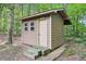 Exterior view of the storage shed with a beige door, three windows and shingle roof at 402 Summit Ridge Ter, Lawrenceville, GA 30046