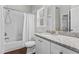 Well-lit bathroom with a shower-tub combo, white cabinets, and granite countertops at 350 Medridge Dr, Johns Creek, GA 30022