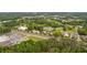 Aerial view showing a neighborhood with green trees, homes, a parking lot, and commercial buildings in the surrounding landscape at 525 E Main St, Buford, GA 30518