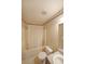 Clean bathroom with shower-tub combo, toilet, and single sink vanity at 251 Lambeth Dr, Hiram, GA 30141