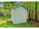Backyard featuring a storage shed, privacy fence, lush green grass, and mature trees at 34 Clifton Se St, Atlanta, GA 30317
