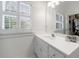 Bright bathroom featuring a white vanity with ample counter space and storage, next to a window with plantation shutters at 4470 Crestwicke Pointe, Atlanta, GA 30319