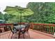 Back deck with table, seating, and an umbrella surrounded by greenery and trees at 2694 Sterling Dr, Lawrenceville, GA 30043