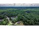 Panoramic aerial view of a wooded community with a charming blue two-story home at 1056 Riverstone Dr, Social Circle, GA 30025