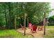 Backyard patio area with gravel, string lights, and red Adirondack chairs at 138 Knightwood Pt, Acworth, GA 30101