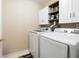Well-equipped laundry room with modern washer and dryer, storage cabinets, and shelving at 138 Knightwood Pt, Acworth, GA 30101