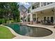 Backyard pool with attached spa, covered patio, and lush landscaping at 1409 Spyglass Hill Dr, Johns Creek, GA 30097