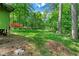 View of the lush green backyard with mature trees, showing yard's layout at 2180 Rexford Dr, Decatur, GA 30034