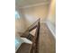 Inviting staircase featuring carpeted steps, dark wood handrails, and a well-lit landing area at 3730 Reserve Overlook (Lot 8) Way, Cumming, GA 30041