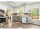 Modern kitchen with stainless steel appliances, tile backsplash, and gray cabinets at 734 Kilkenny Cir, Lithonia, GA 30058