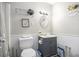 Classic bathroom featuring white wainscoting, a gray vanity, and stylish fixtures at 251 Hunt Club Cir, Temple, GA 30179