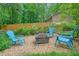 Backyard space with pebble ground cover, fire pit, and bright blue Adirondack chairs for entertaining at 588 Benson Hurst Sw Dr, Mableton, GA 30126