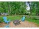 Cozy backyard patio with blue Adirondack chairs and fire pit, perfect for outdoor relaxing and entertainment at 588 Benson Hurst Sw Dr, Mableton, GA 30126