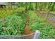 View of a creek cutting through the property with lush greenery and a rustic wooden fence at 588 Benson Hurst Sw Dr, Mableton, GA 30126