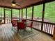 The screened porch includes a ceiling fan, a table with red chairs, and forest views at 712 Honeysuckle Ln, Temple, GA 30179