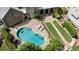 Aerial view of a backyard featuring a luxurious pool, lounge area, and neatly manicured lawn at 4830 Westgate Dr, Cumming, GA 30040