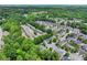 An aerial view shows a neighborhood with mature trees and well-maintained homes, some with brick facades at 2138 Mill Garden Run, Buford, GA 30519