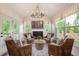 Bright sunroom with a fireplace, cathedral ceilings, large windows, and stylish furniture at 3825 Valleyway Rd, Cumming, GA 30040
