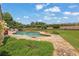 Backyard pool with stone patio and lush landscaping at 5950 Meadow Brook Ln, Cumming, GA 30040