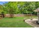 Enjoy the spacious backyard with a charming patio, outdoor seating, and lush green grass at 5850 Shannon Dr, Cumming, GA 30040