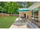 Spacious backyard with a patio, outdoor seating, and lush greenery at 5850 Shannon Dr, Cumming, GA 30040