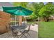 Outdoor patio area features a table, chairs, and a green umbrella, perfect for backyard entertaining at 5850 Shannon Dr, Cumming, GA 30040