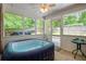Inviting sunroom features an inflatable hot tub and views of the backyard at 5850 Shannon Dr, Cumming, GA 30040