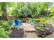 Landscaped backyard oasis with colorful Adirondack chairs arranged around a gravel seating area and stone path at 138 Garland Ave, Decatur, GA 30030