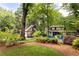 Backyard view showing the home and a detached structure with a seating area amidst lush, mature trees at 138 Garland Ave, Decatur, GA 30030