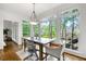 Sunlit dining area with large windows offering backyard views, hardwood floors, and stylish lighting at 5065 Harbour Ridge Dr, Alpharetta, GA 30005
