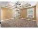 Primary bedroom with tray ceilings, carpet, natural light, and neutral walls, providing a peaceful retreat at 114 Brookstone Dr, Carrollton, GA 30116