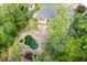 Aerial view showcasing a home with mature trees, a pool, and a meticulously landscaped backyard at 2118 Town Manor Ct, Dacula, GA 30019