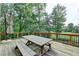 Outdoor deck with an outdoor dining table and bench seating surrounded by lush greenery at 2118 Town Manor Ct, Dacula, GA 30019