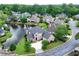 Scenic aerial view of a beautiful brick home with lake frontage in a lush, wooded neighborhood at 9325 Saint Georgen Cmn, Duluth, GA 30097