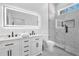 Modern bathroom featuring a double vanity, illuminated mirror, and a glass-enclosed shower with marble accents at 1774 Vesta Ave, Atlanta, GA 30337