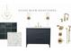 Guest bathroom selections board includes a vanity, lighting fixtures, tile samples, and brass hardware at 6428 East Cherokee Dr, Canton, GA 30115