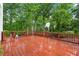 Large, newly-stained wooden back deck overlooking a lush, green backyard at 125 Forrest Lake Rd, Johns Creek, GA 30022